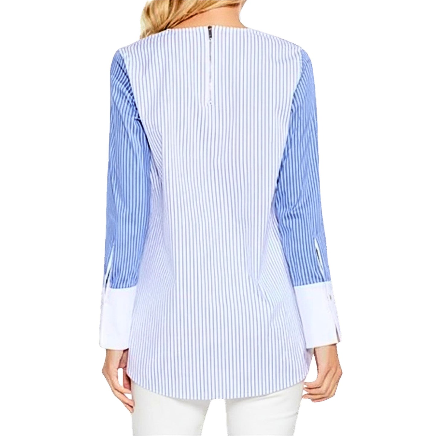 Vince Camuto Women's Chambray Colorblock Stripe Slit Sleeve Shirt