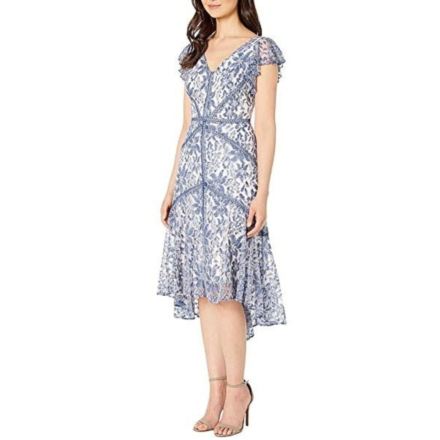 Taylor Women’s Denim Blue/Ivory Printed Lace Flutter Sleeve Dress
