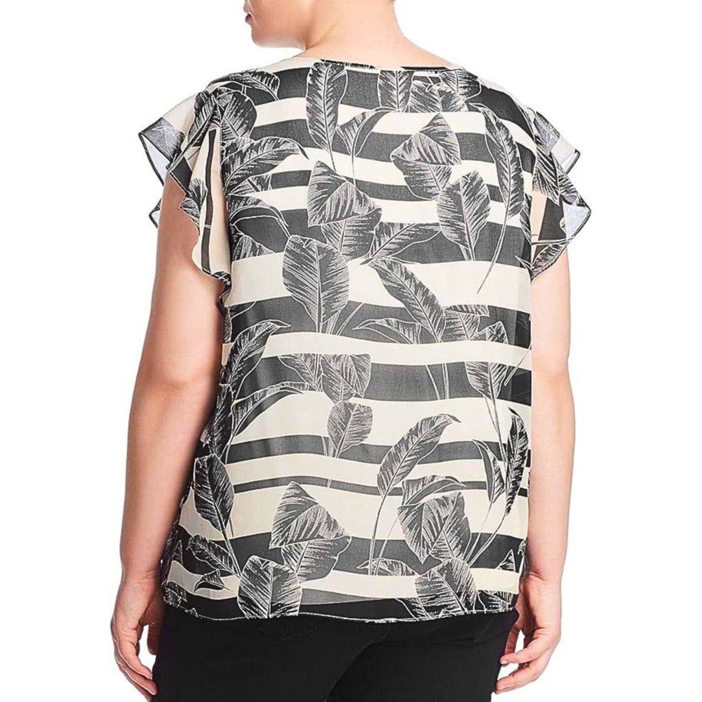 Vince Camuto Plus Size Rich Black Tropical Print Flutter Sleeve Blouse