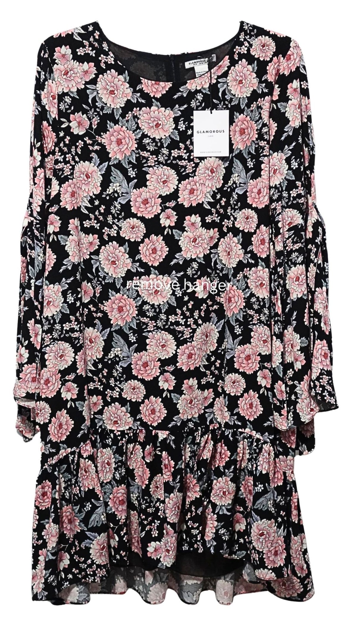 GLAMOROUS Women's Plus Size Black Peony Print Drop Waist Bell Sleeve Dress