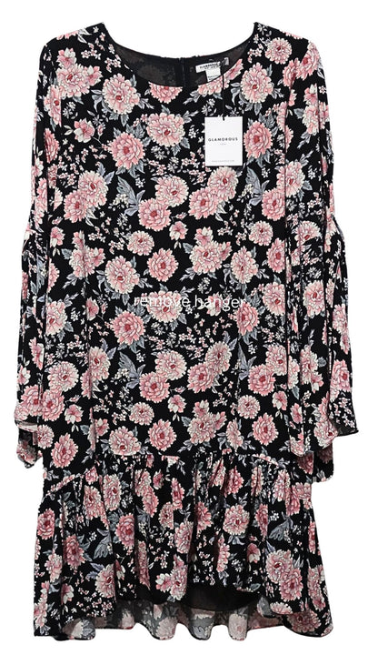 GLAMOROUS Women's Plus Size Black Peony Print Drop Waist Bell Sleeve Dress