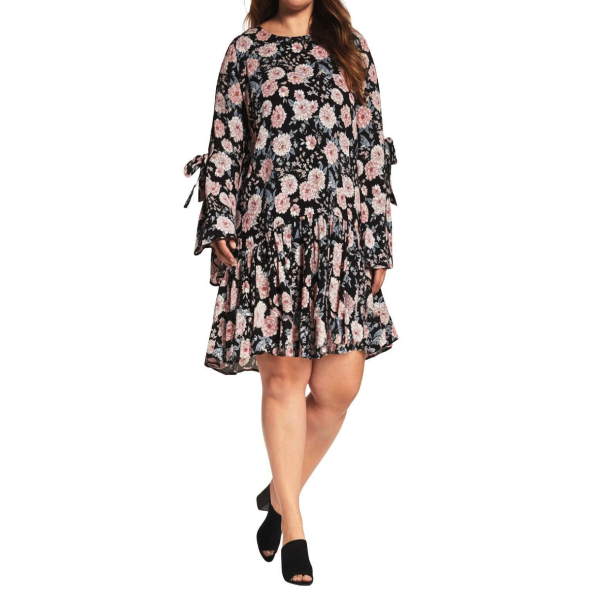 GLAMOROUS Women's Plus Size Black Peony Print Drop Waist Bell Sleeve Dress