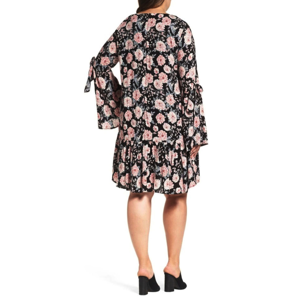 GLAMOROUS Women's Plus Size Black Peony Print Drop Waist Bell Sleeve Dress