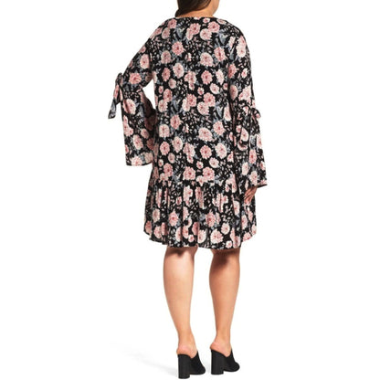 GLAMOROUS Women's Plus Size Black Peony Print Drop Waist Bell Sleeve Dress