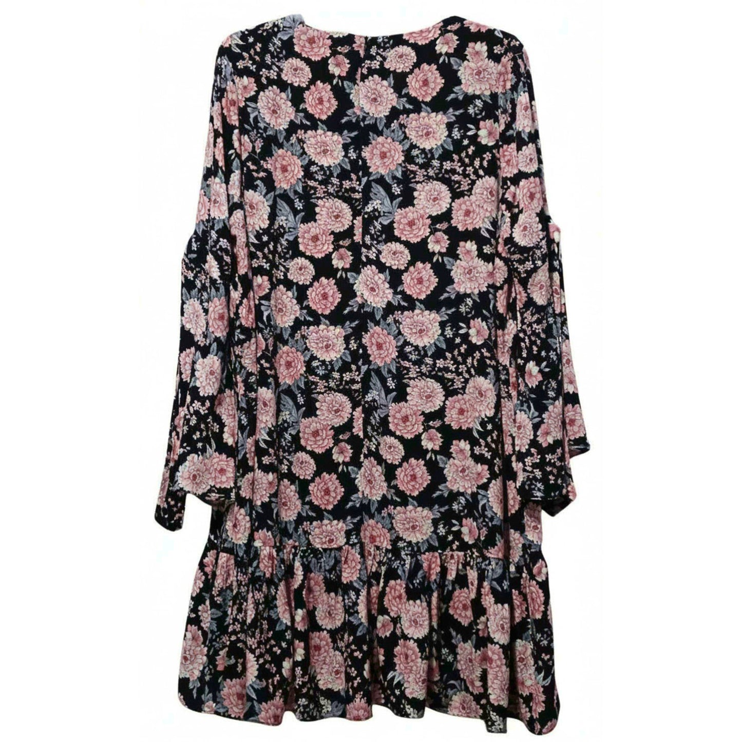 GLAMOROUS Women's Plus Size Black Peony Print Drop Waist Bell Sleeve Dress