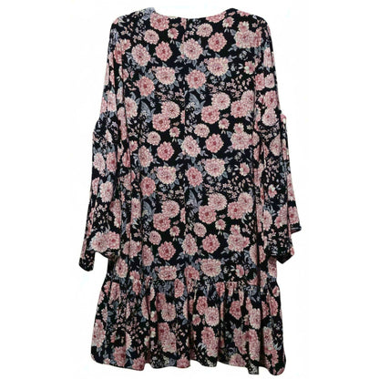 GLAMOROUS Women's Plus Size Black Peony Print Drop Waist Bell Sleeve Dress