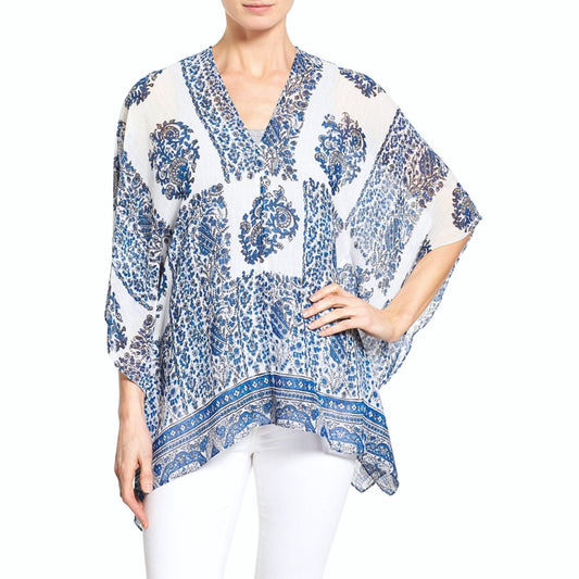 Two by Vince Camuto Women's Mosaic Blue Border Print V-Neck Poncho Top