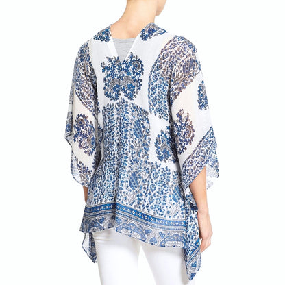 Two by Vince Camuto Women's Mosaic Blue Border Print V-Neck Poncho Top