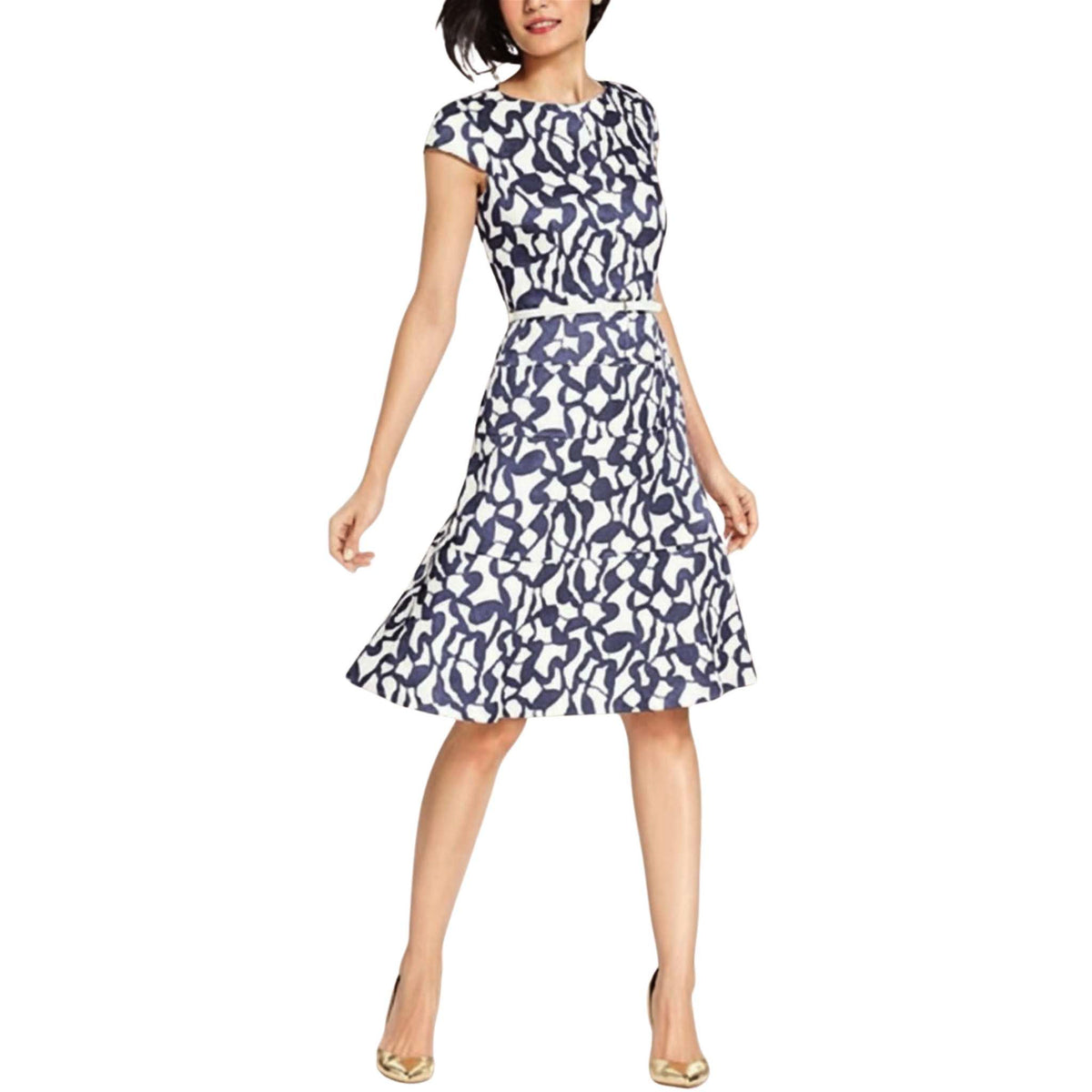 Anne Klein Women’s Lapis Cap-Sleeve Jacquard Belted Dress