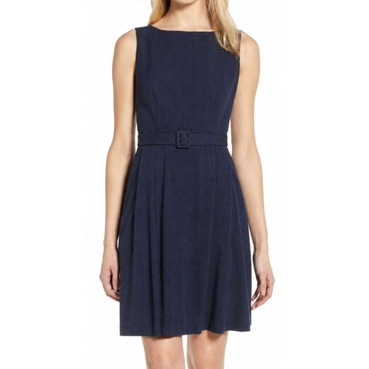 Anne Klein Women’s Cadet/Black Belted Stripe Seersucker Dress