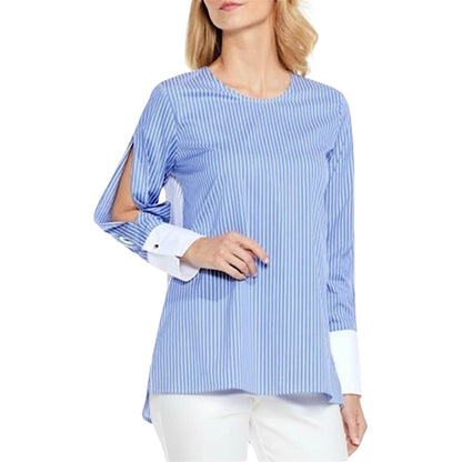 Vince Camuto Women's Chambray Colorblock Stripe Slit Sleeve Shirt
