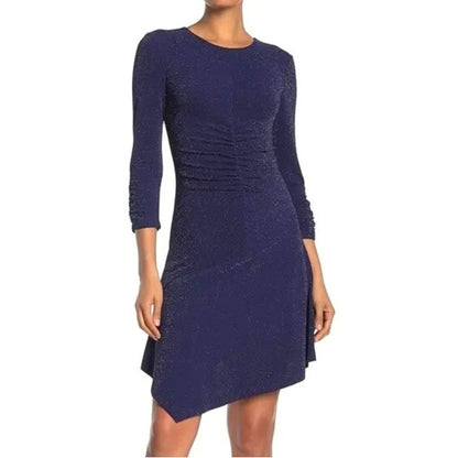 Vince Camuto Women's Navy Metallic Asymmetrical Hem Ruched Dress