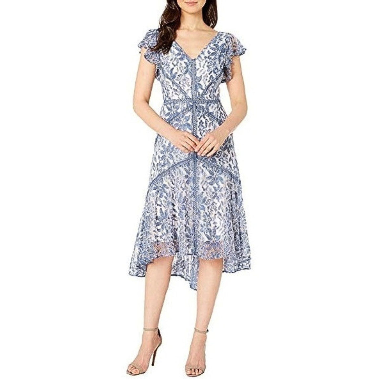 Taylor Women’s Denim Blue/Ivory Printed Lace Flutter Sleeve Dress