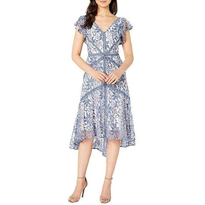Taylor Women’s Denim Blue/Ivory Printed Lace Flutter Sleeve Dress
