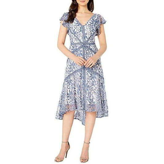 Taylor Women’s Denim Blue/Ivory Printed Lace Flutter Sleeve Dress
