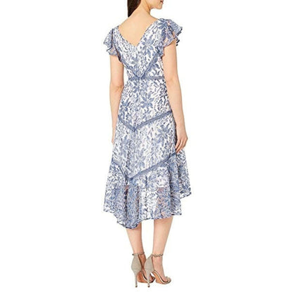 Taylor Women’s Denim Blue/Ivory Printed Lace Flutter Sleeve Dress