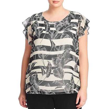 Vince Camuto Plus Size Rich Black Tropical Print Flutter Sleeve Blouse