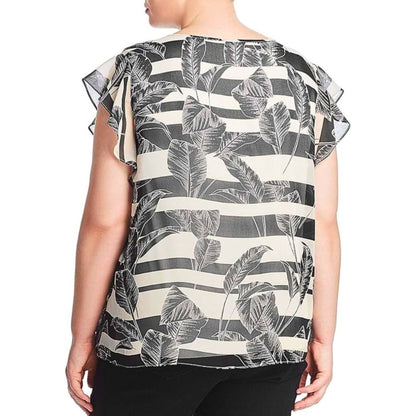 Vince Camuto Plus Size Rich Black Tropical Print Flutter Sleeve Blouse