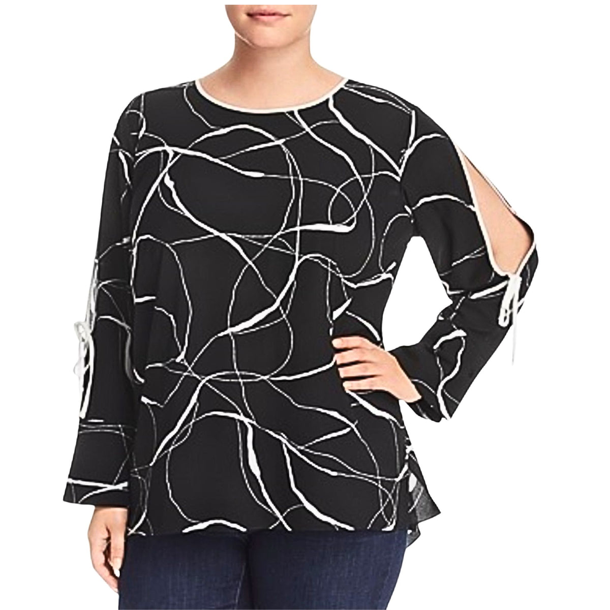 Vince Camuto Plus Size Rich Black Split-Sleeve Woven printed Blouse