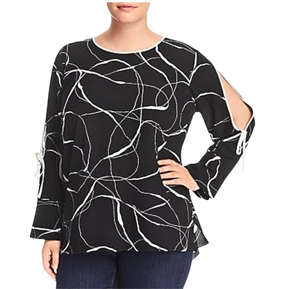 Vince Camuto Plus Size Rich Black Split-Sleeve Woven printed Blouse