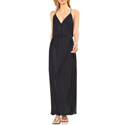 Vince Camuto Black Hammered L Satin Wrap Front Maxi Dress