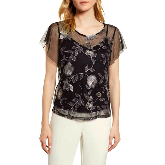 Vince Camuto Women's Black/Grey Embroidered Swiss Dot Blouse