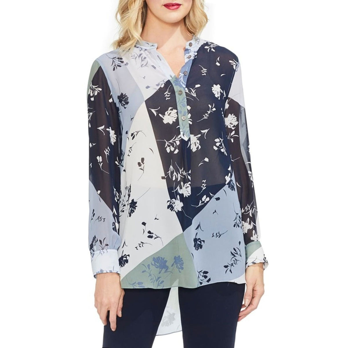 Vince Camuto Women’s Antique Blue Floral Patchwork Henley Top Antique