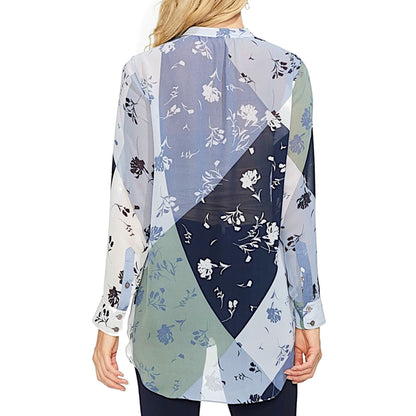Vince Camuto Women’s Antique Blue Floral Patchwork Henley Top Antique