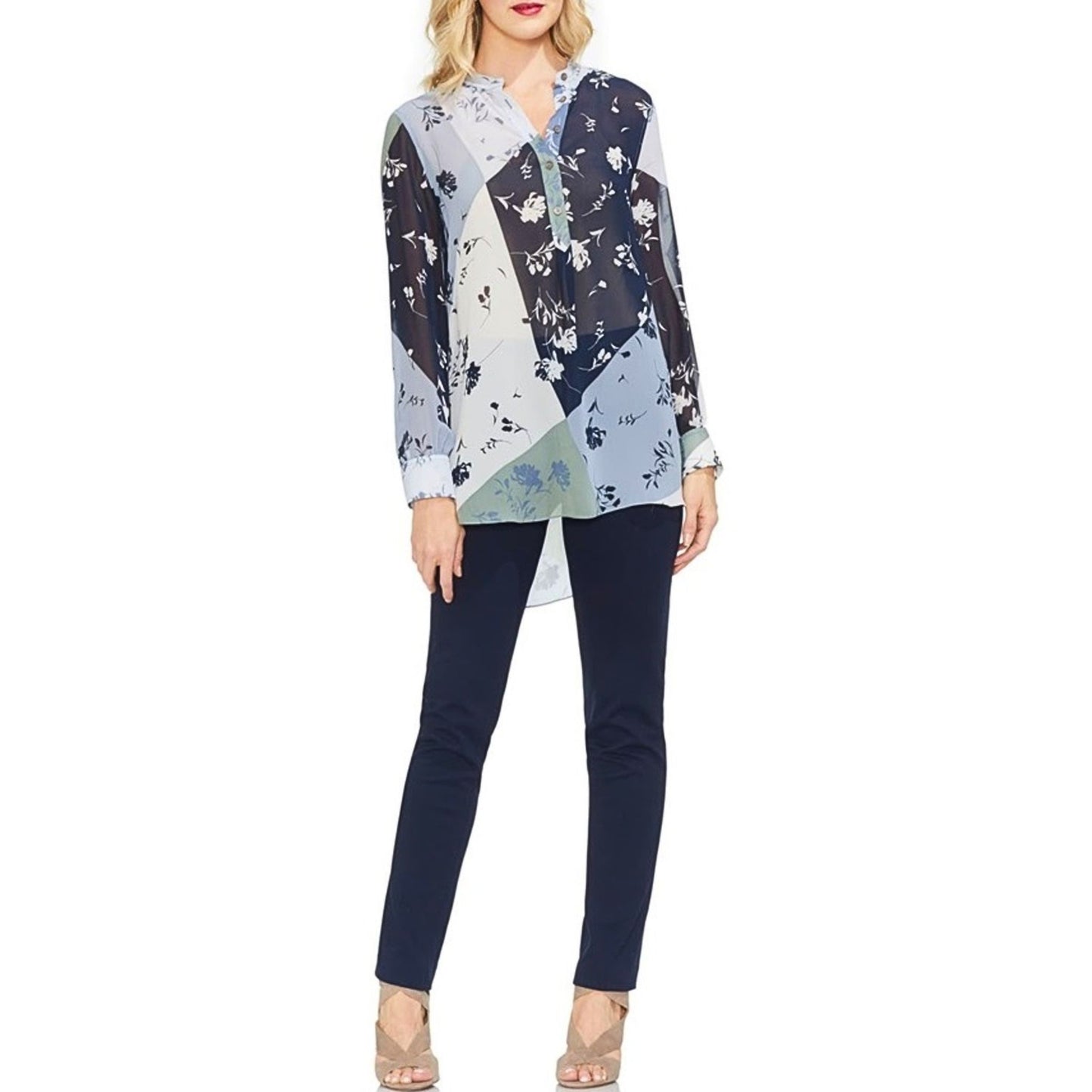 Vince Camuto Women’s Antique Blue Floral Patchwork Henley Top Antique