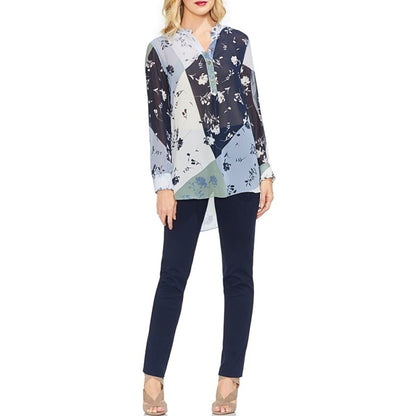 Vince Camuto Women’s Antique Blue Floral Patchwork Henley Top Antique