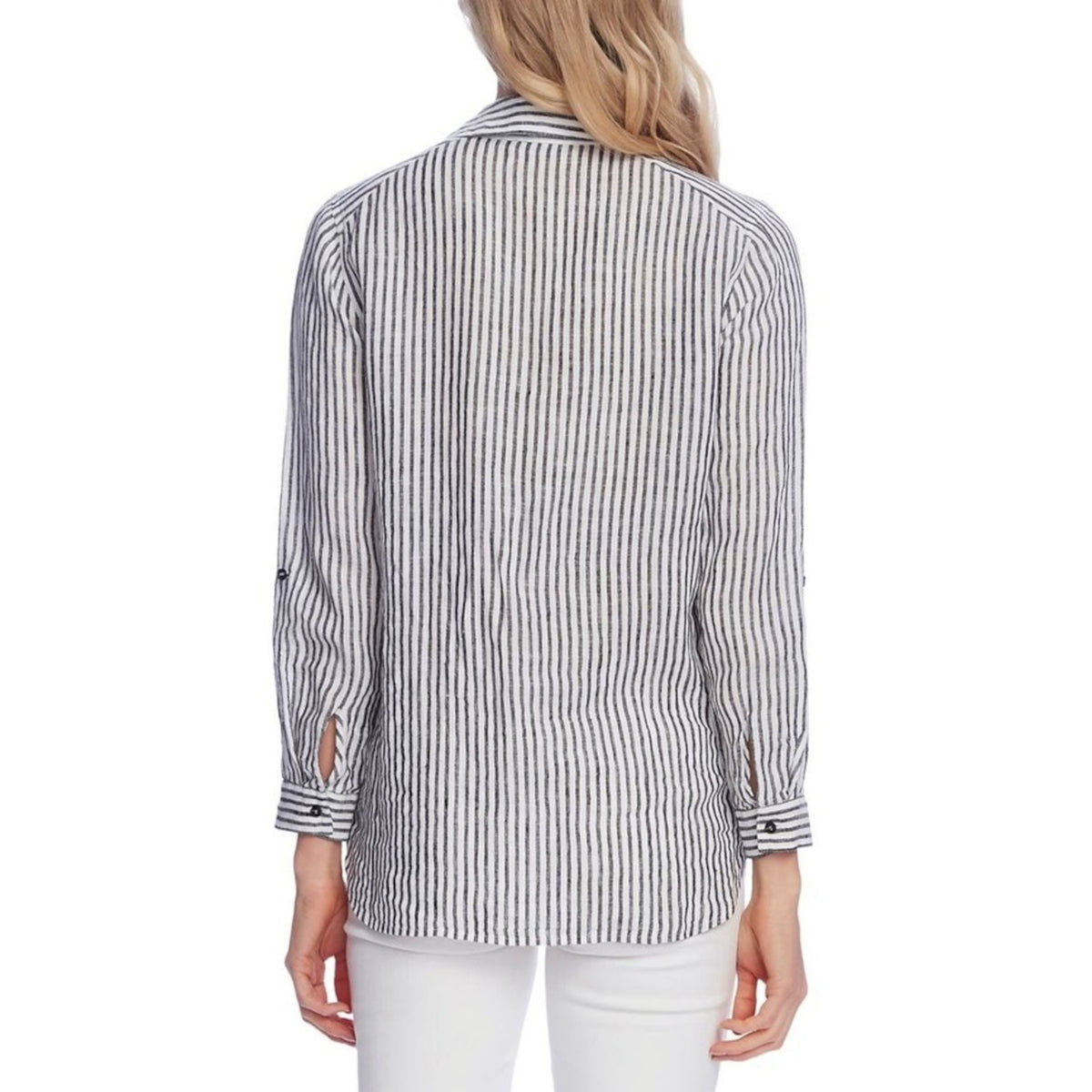 Vince Camuto Women's Rich Black/White Stripe Linen Blouse