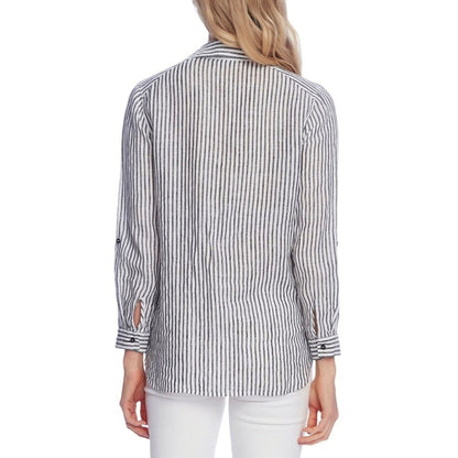 Vince Camuto Women's Rich Black/White Stripe Linen Blouse