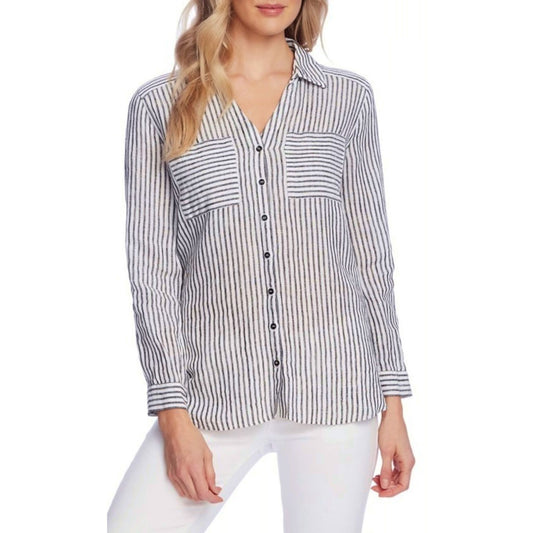 Vince Camuto Women's Rich Black/White Stripe Linen Blouse