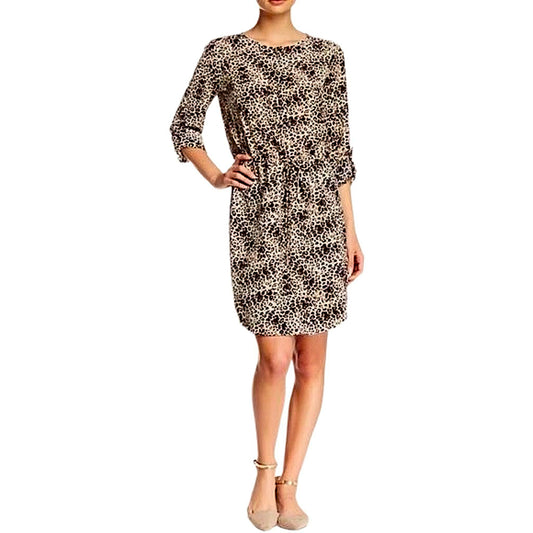 Vince Camuto Black Multi Roll-Tab-Sleeve Leopard-Print Shirtdress